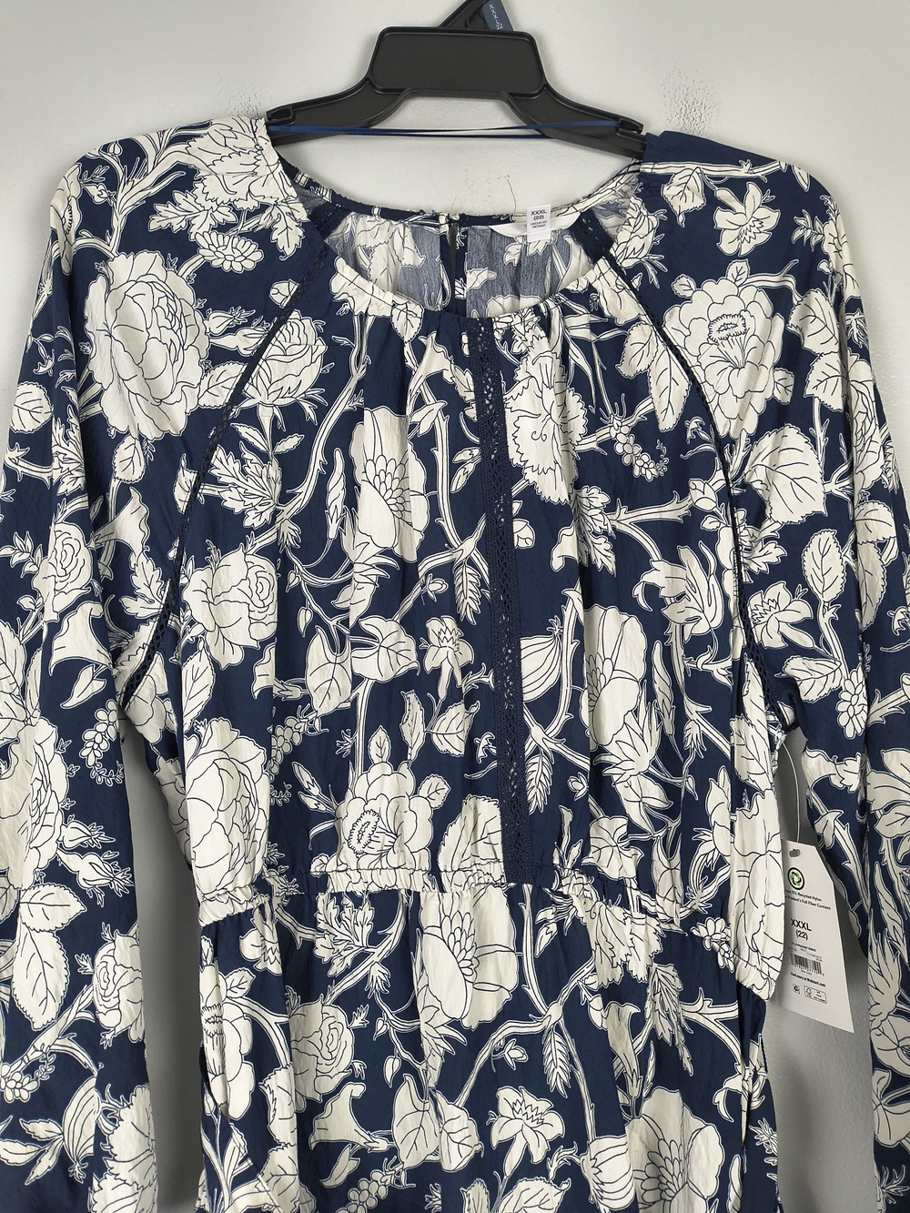 Time & Tru Mini Dress Women's XXXL 22 Blue White Printed Long Sleeve Tie Waist - Picture 4 of 13